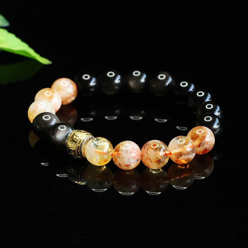 Wear FengShui Om Mani Padme Hum Silver Sheen Obsidian Citrine Protection Bracelet