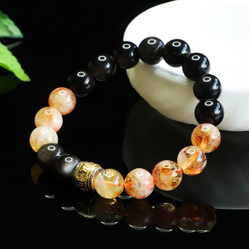 Wear FengShui Om Mani Padme Hum Silver Sheen Obsidian Citrine Protection Bracelet