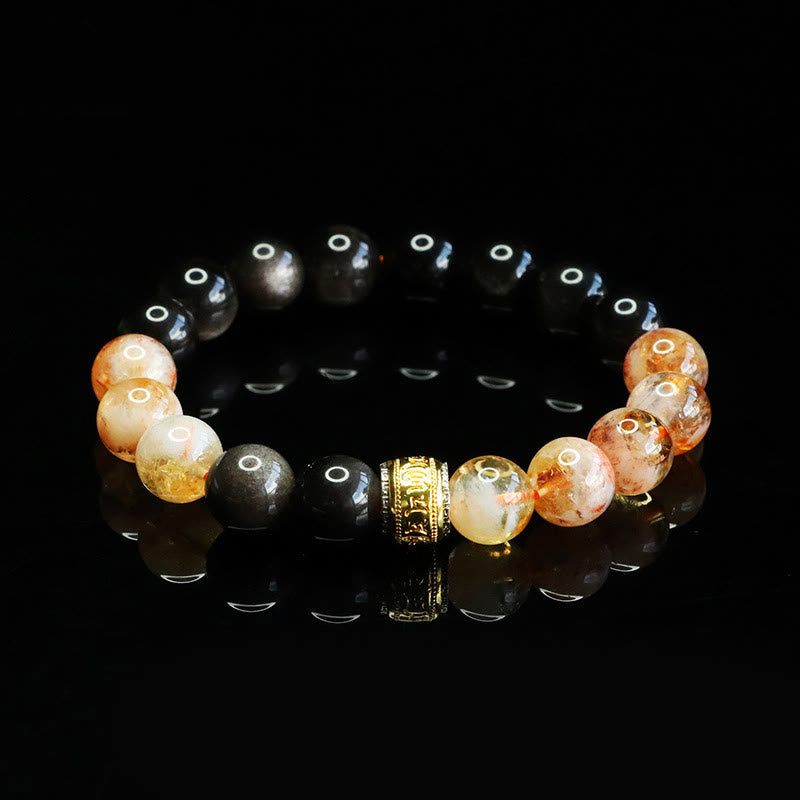 Wear FengShui Om Mani Padme Hum Silver Sheen Obsidian Citrine Protection Bracelet