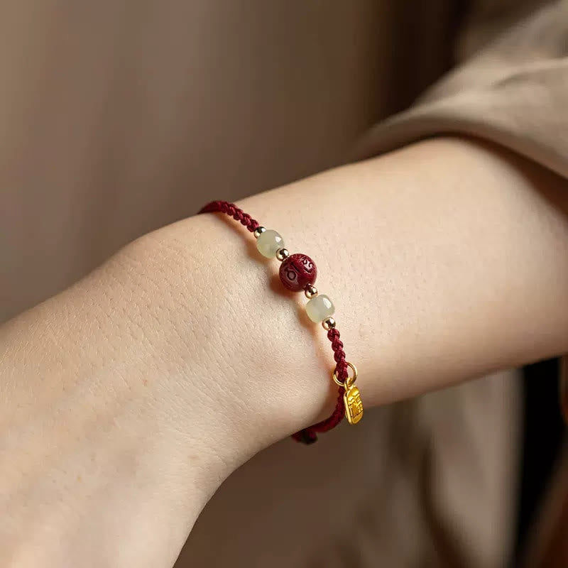 Wear FengShui Fu Character Hetian Jade Bead Om Mani Padme Hum Cinnabar Red String Prosperity Bracelet