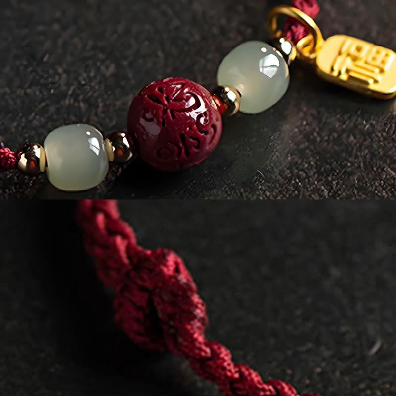 Wear FengShui Fu Character Hetian Jade Bead Om Mani Padme Hum Cinnabar Red String Prosperity Bracelet