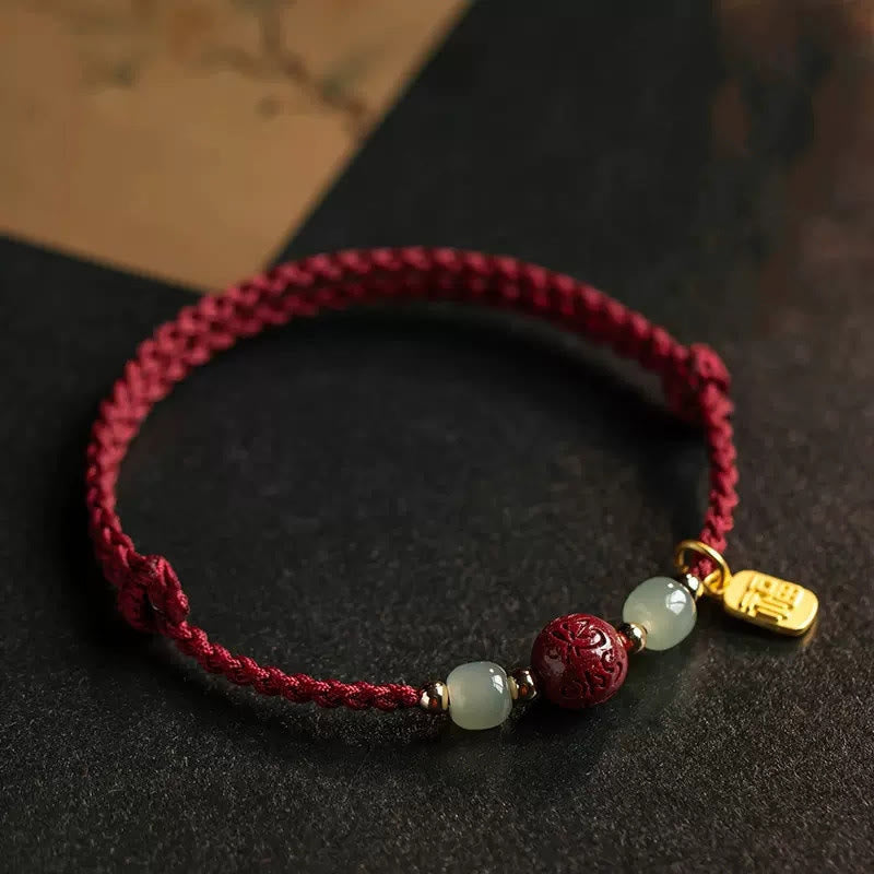 Wear FengShui Fu Character Hetian Jade Bead Om Mani Padme Hum Cinnabar Red String Prosperity Bracelet
