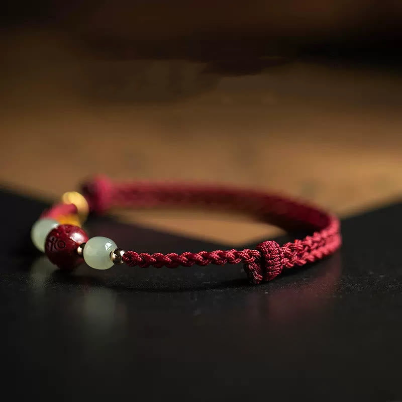 Wear FengShui Fu Character Hetian Jade Bead Om Mani Padme Hum Cinnabar Red String Prosperity Bracelet