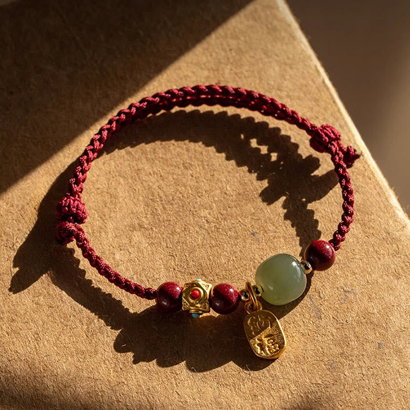 Wear FengShui Lucky Fortune Charm Hetian Cyan Jade White Jade Multicolored Braided String Prosperity Bracelet