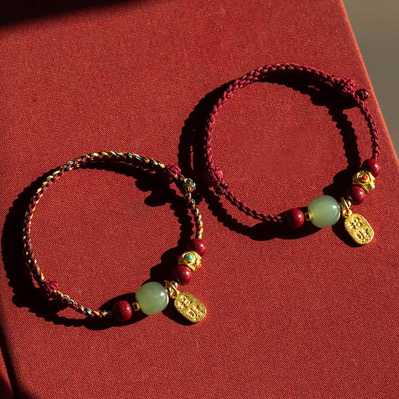 Wear FengShui Lucky Fortune Charm Hetian Cyan Jade White Jade Multicolored Braided String Prosperity Bracelet