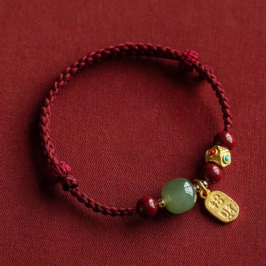 Wear FengShui Lucky Fortune Charm Hetian Cyan Jade White Jade Multicolored Braided String Prosperity Bracelet