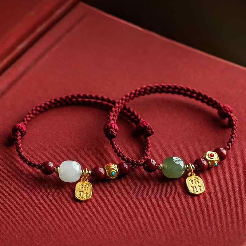 Wear FengShui Lucky Fortune Charm Hetian Cyan Jade White Jade Multicolored Braided String Prosperity Bracelet
