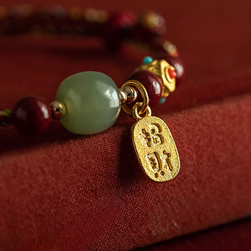 Wear FengShui Lucky Fortune Charm Hetian Cyan Jade White Jade Multicolored Braided String Prosperity Bracelet