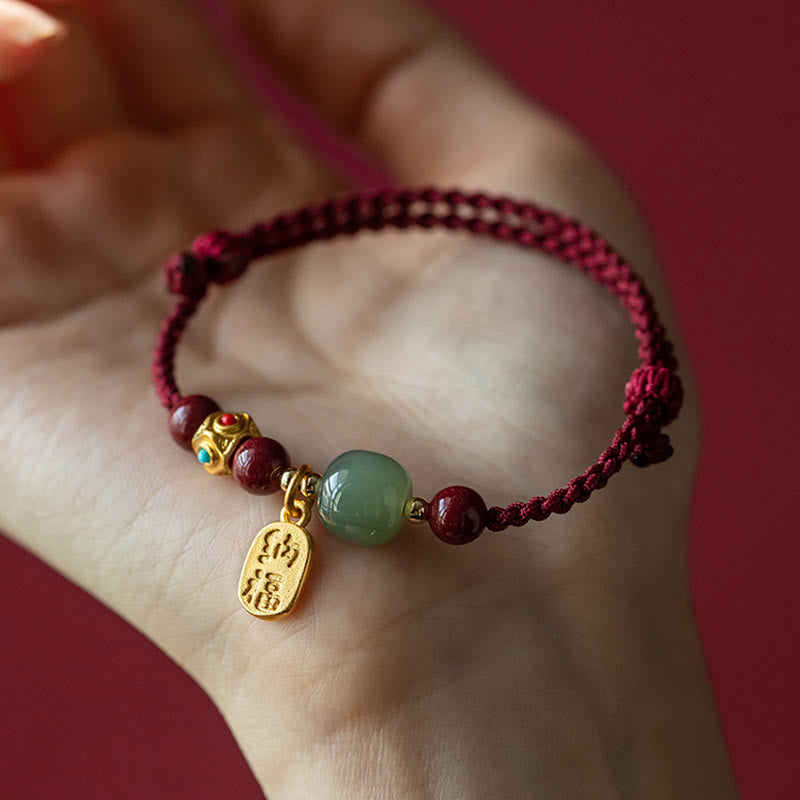Wear FengShui Lucky Fortune Charm Hetian Cyan Jade White Jade Multicolored Braided String Prosperity Bracelet