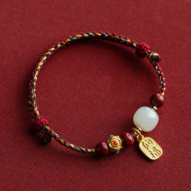 Wear FengShui Lucky Fortune Charm Hetian Cyan Jade White Jade Multicolored Braided String Prosperity Bracelet