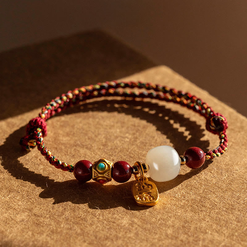 Wear FengShui Lucky Fortune Charm Hetian Cyan Jade White Jade Multicolored Braided String Prosperity Bracelet