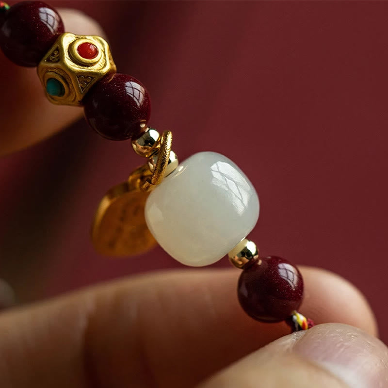 Wear FengShui Lucky Fortune Charm Hetian Cyan Jade White Jade Multicolored Braided String Prosperity Bracelet