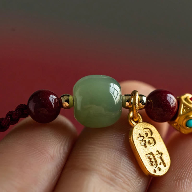 Wear FengShui Lucky Fortune Charm Hetian Cyan Jade White Jade Multicolored Braided String Prosperity Bracelet