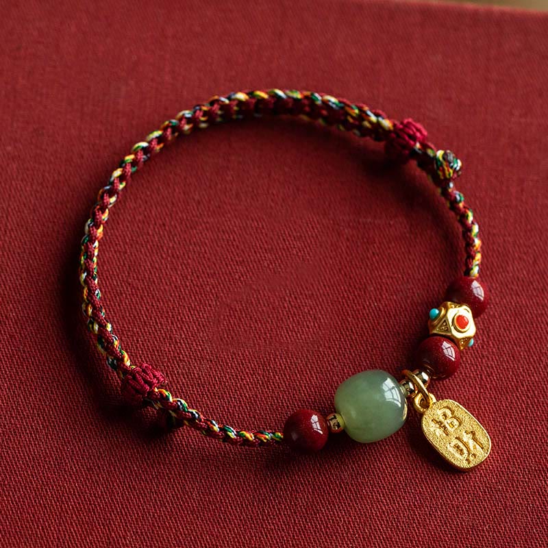 Wear FengShui Lucky Fortune Charm Hetian Cyan Jade White Jade Multicolored Braided String Prosperity Bracelet