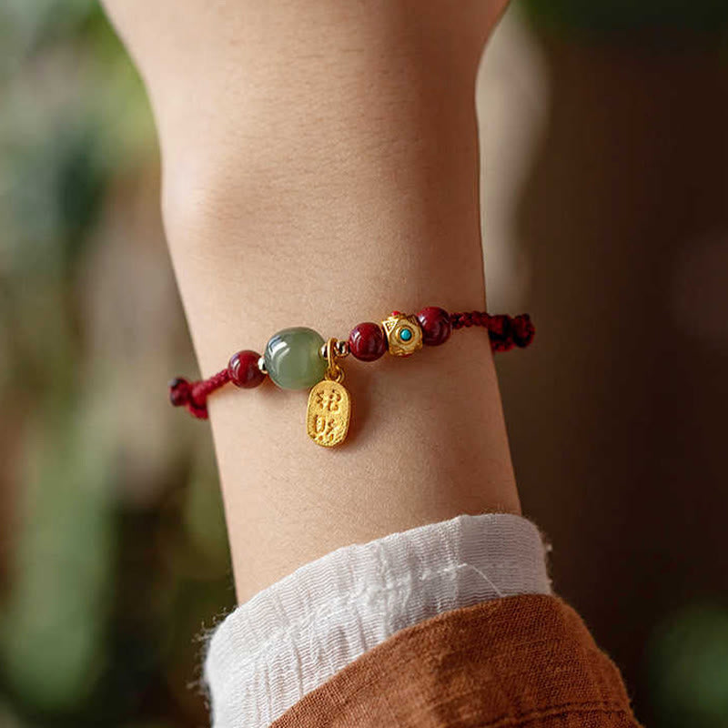 Wear FengShui Lucky Fortune Charm Hetian Cyan Jade White Jade Multicolored Braided String Prosperity Bracelet