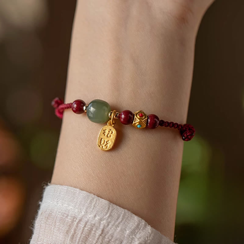 Wear FengShui Lucky Fortune Charm Hetian Cyan Jade White Jade Multicolored Braided String Prosperity Bracelet