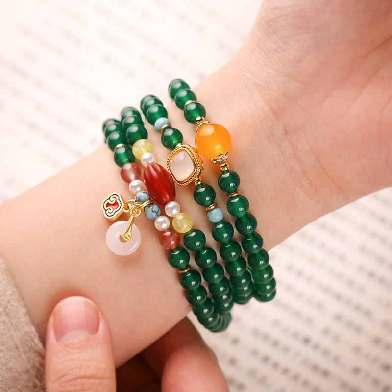 Wear FengShui Peace Buckle Green Agate Power Support Tibet Mala