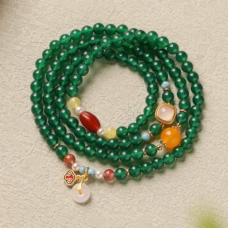 Wear FengShui Peace Buckle Green Agate Power Support Tibet Mala