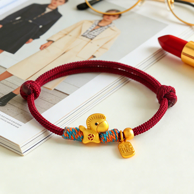 Wear FengShui 999 Sterling Silver Year of the Horse Fu Character Charm Braided String Faith Bracelet