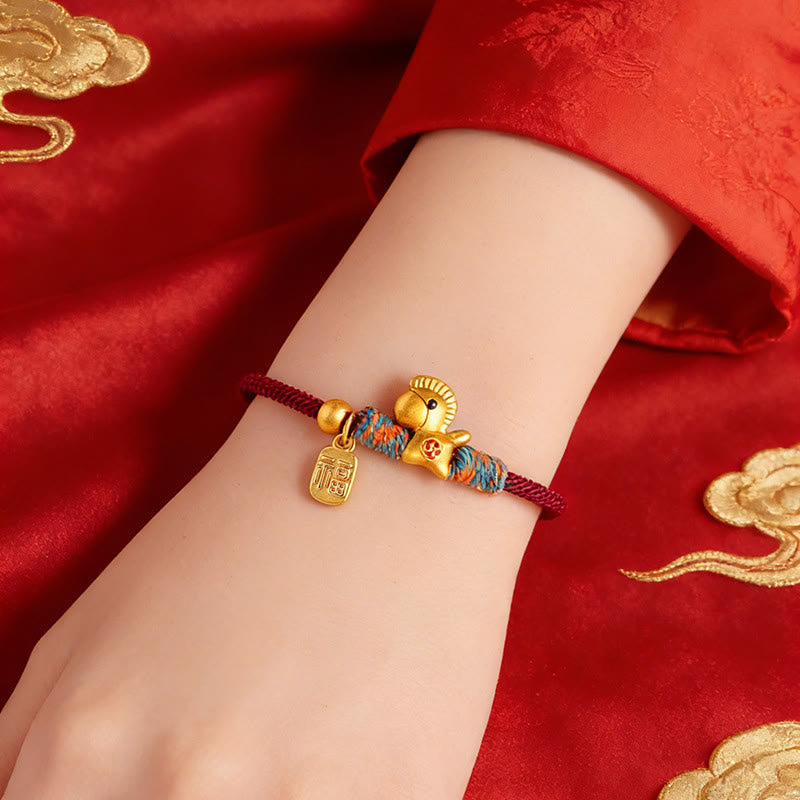 Wear FengShui 999 Sterling Silver Year of the Horse Fu Character Charm Braided String Faith Bracelet