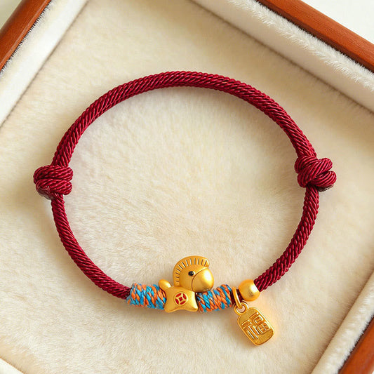 Wear FengShui 999 Sterling Silver Year of the Horse Fu Character Charm Braided String Faith Bracelet