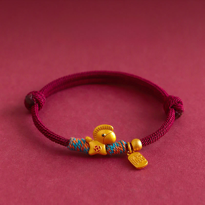 Wear FengShui 999 Sterling Silver Year of the Horse Fu Character Charm Braided String Faith Bracelet