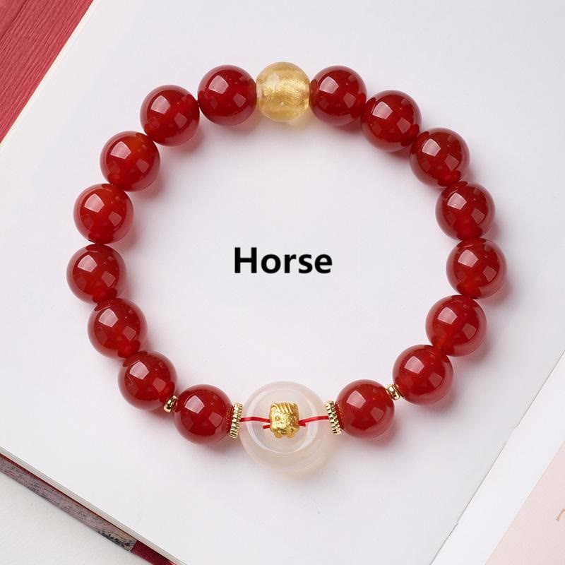 Buddha Stones Chinese Zodiac Year Of The Horse Peace Buckle Red Agate White Chalcedony Confidence Bracelet