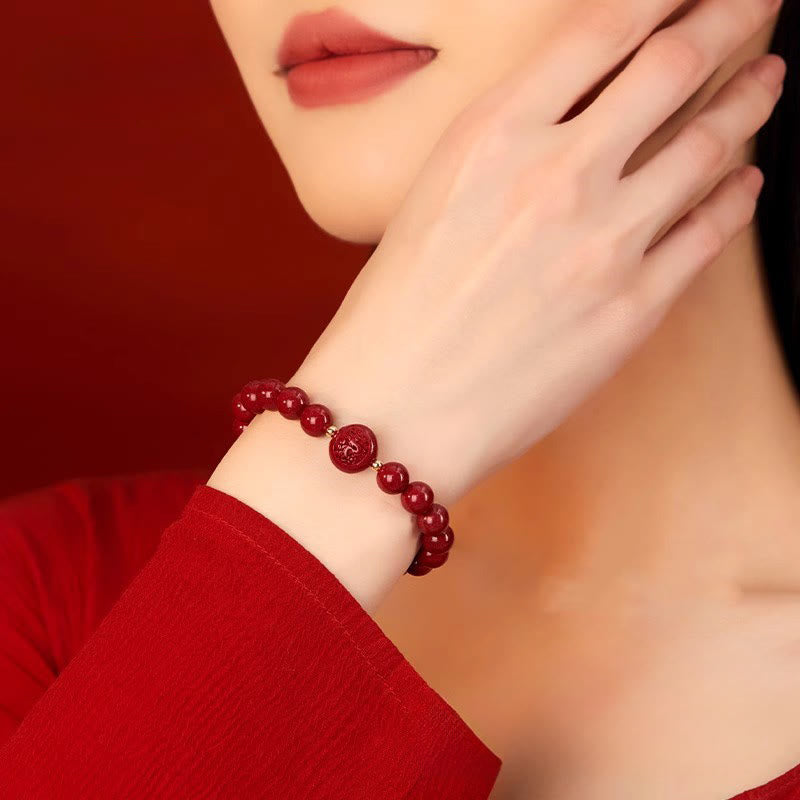 Wear FengShui Chinese Zodiac Year Of The Horse Carved Cinnabar Peaceful Blessing Bracelet