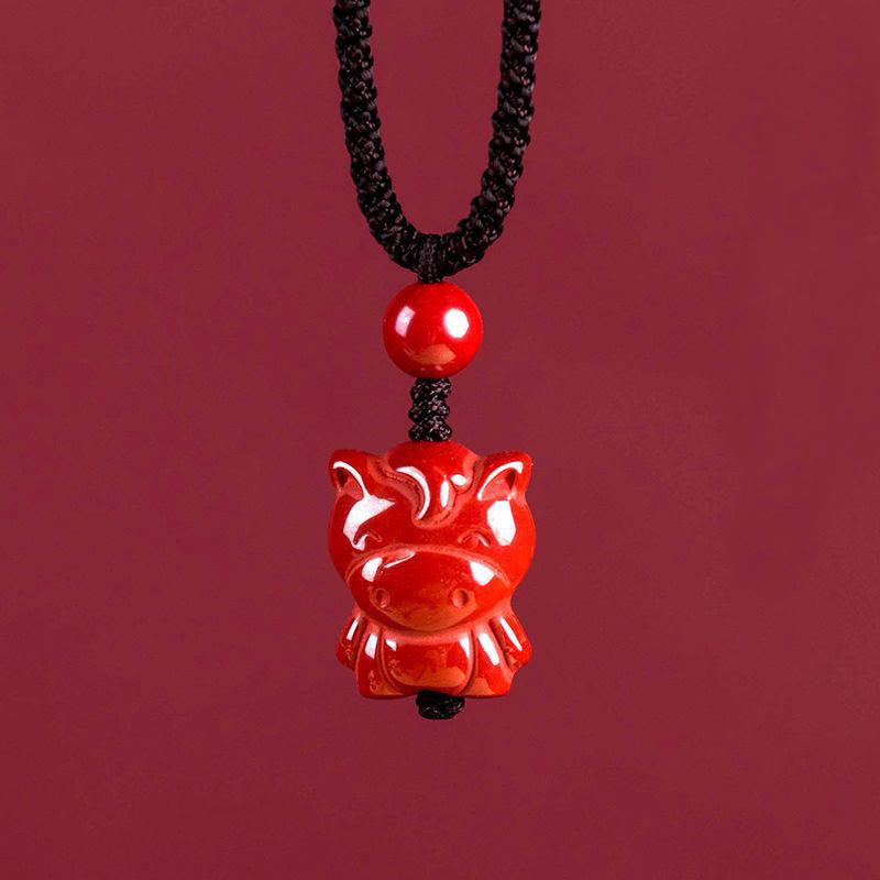 Wear FengShui Year Of The Horse Chinese Zodiac Engraved Design Cinnabar Blessing Rope Necklace Pendants