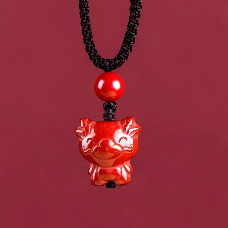 Wear FengShui Year Of The Horse Chinese Zodiac Engraved Design Cinnabar Blessing Rope Necklace Pendants