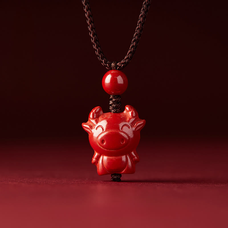 Wear FengShui Year Of The Horse Chinese Zodiac Engraved Design Cinnabar Blessing Rope Necklace Pendants