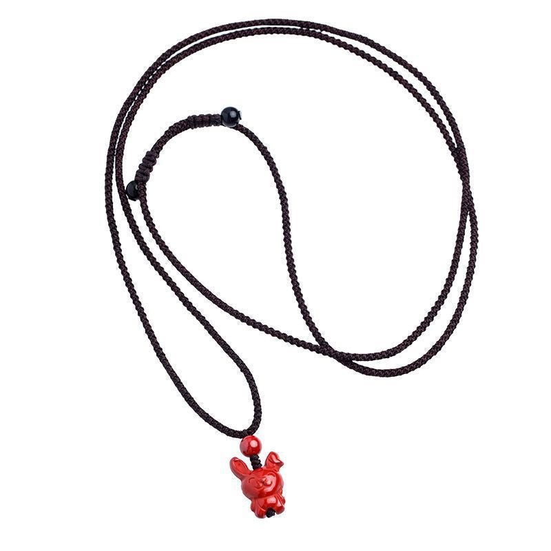 Wear FengShui Year Of The Horse Chinese Zodiac Engraved Design Cinnabar Blessing Rope Necklace Pendants