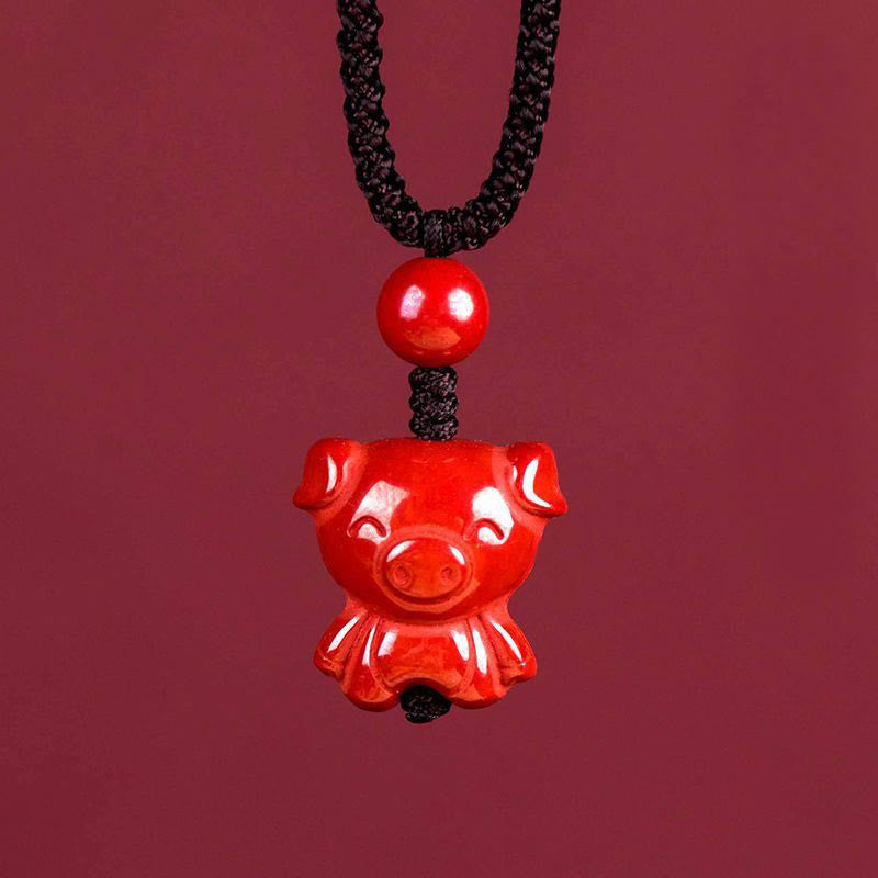 Wear FengShui Year Of The Horse Chinese Zodiac Engraved Design Cinnabar Blessing Rope Necklace Pendants