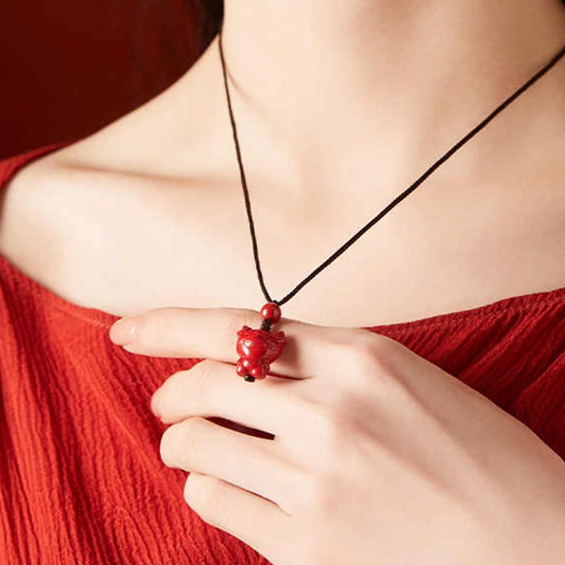 Wear FengShui Year Of The Horse Chinese Zodiac Engraved Design Cinnabar Blessing Rope Necklace Pendants