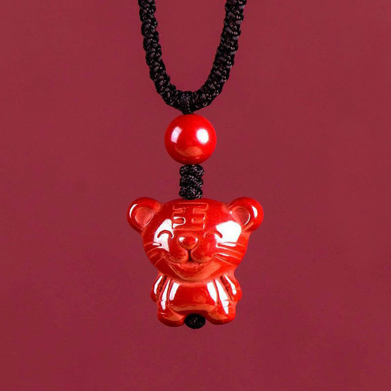 Wear FengShui Year Of The Horse Chinese Zodiac Engraved Design Cinnabar Blessing Rope Necklace Pendants