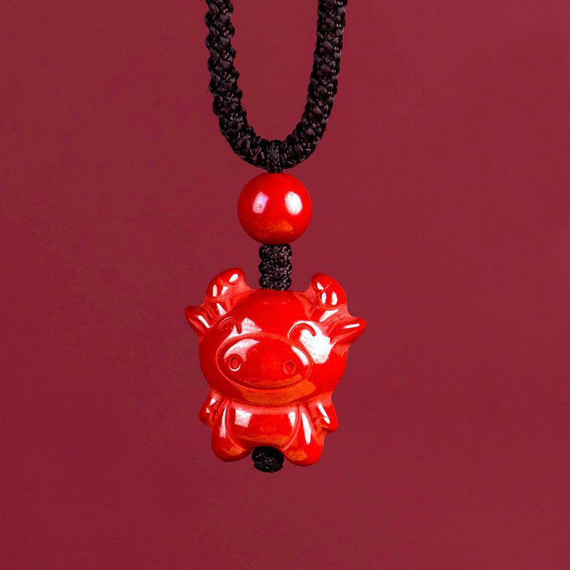 Wear FengShui Year Of The Horse Chinese Zodiac Engraved Design Cinnabar Blessing Rope Necklace Pendants