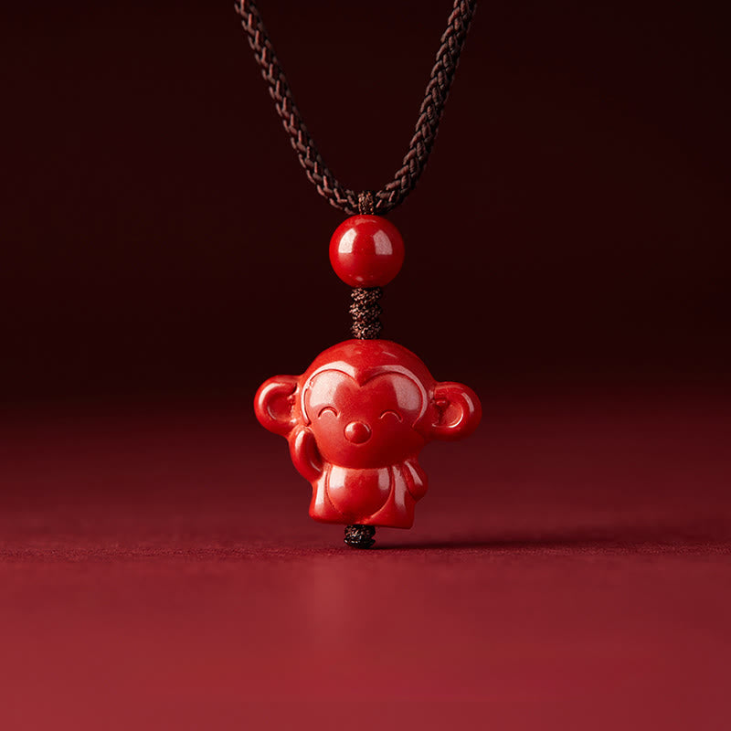 Wear FengShui Year Of The Horse Chinese Zodiac Engraved Design Cinnabar Blessing Rope Necklace Pendants