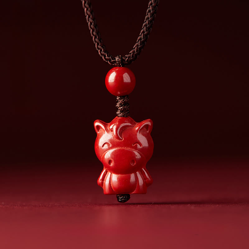 Wear FengShui Year Of The Horse Chinese Zodiac Engraved Design Cinnabar Blessing Rope Necklace Pendants