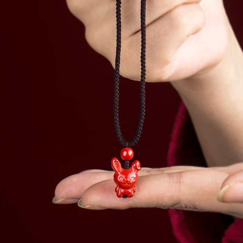 Wear FengShui Year Of The Horse Chinese Zodiac Engraved Design Cinnabar Blessing Rope Necklace Pendants