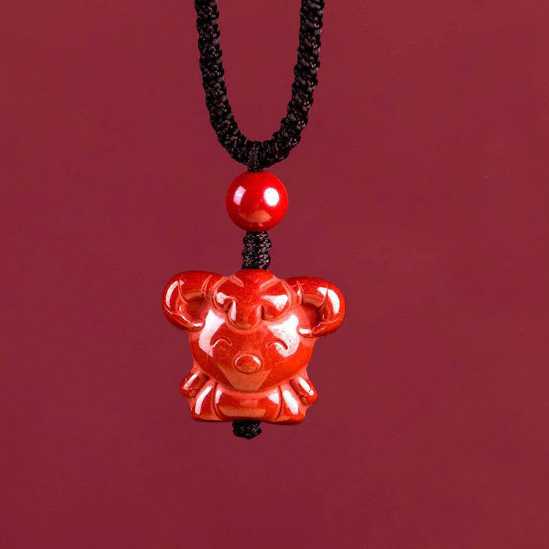 Wear FengShui Year Of The Horse Chinese Zodiac Engraved Design Cinnabar Blessing Rope Necklace Pendants