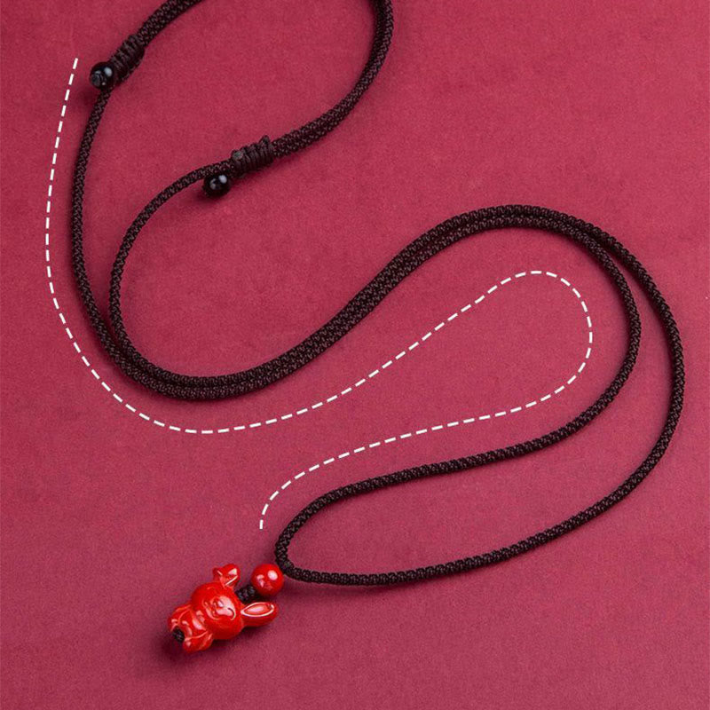 Wear FengShui Year Of The Horse Chinese Zodiac Engraved Design Cinnabar Blessing Rope Necklace Pendants