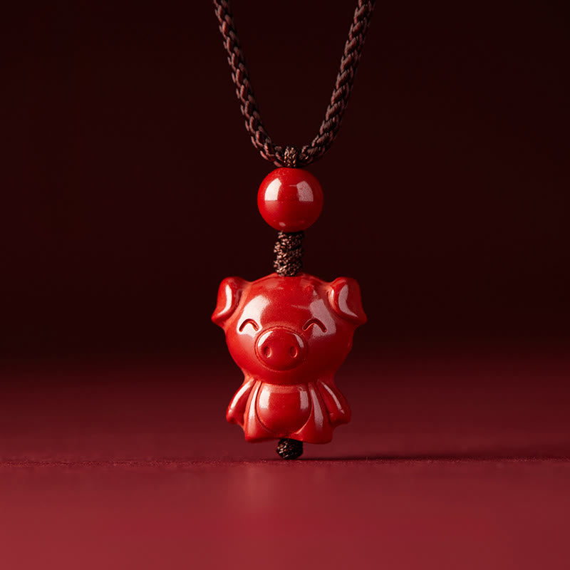 Wear FengShui Year Of The Horse Chinese Zodiac Engraved Design Cinnabar Blessing Rope Necklace Pendants