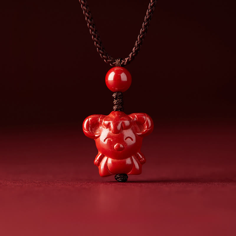 Wear FengShui Year Of The Horse Chinese Zodiac Engraved Design Cinnabar Blessing Rope Necklace Pendants