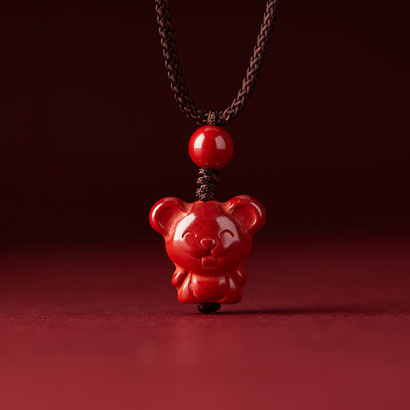 Wear FengShui Year Of The Horse Chinese Zodiac Engraved Design Cinnabar Blessing Rope Necklace Pendants