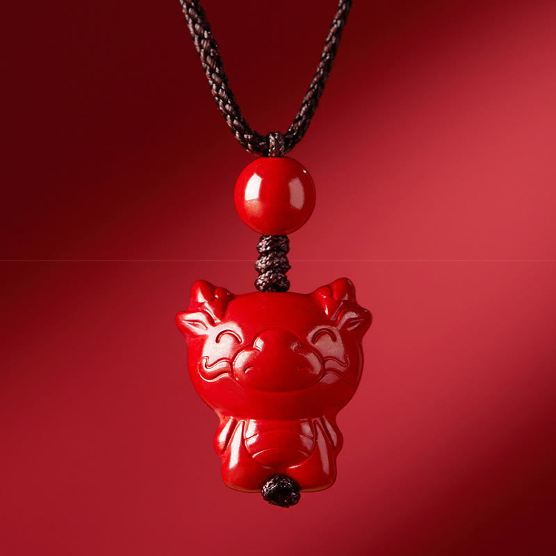 Wear FengShui Year Of The Horse Chinese Zodiac Engraved Design Cinnabar Blessing Rope Necklace Pendants