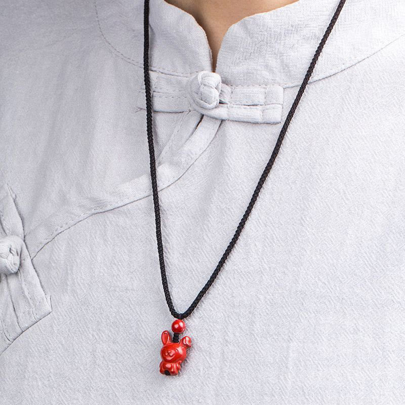 Wear FengShui Year Of The Horse Chinese Zodiac Engraved Design Cinnabar Blessing Rope Necklace Pendants