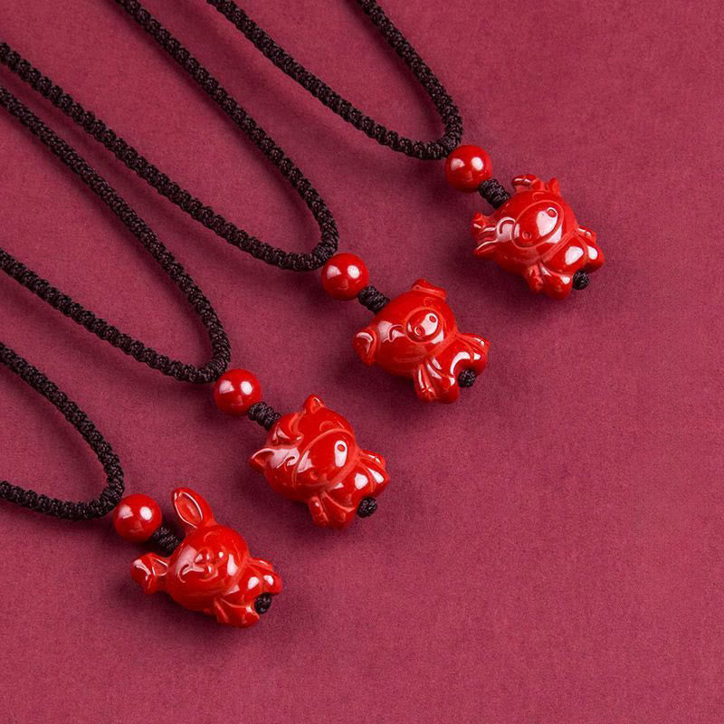Wear FengShui Year Of The Horse Chinese Zodiac Engraved Design Cinnabar Blessing Rope Necklace Pendants