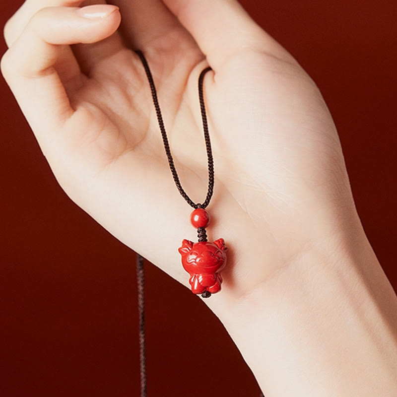 Wear FengShui Year Of The Horse Chinese Zodiac Engraved Design Cinnabar Blessing Rope Necklace Pendants