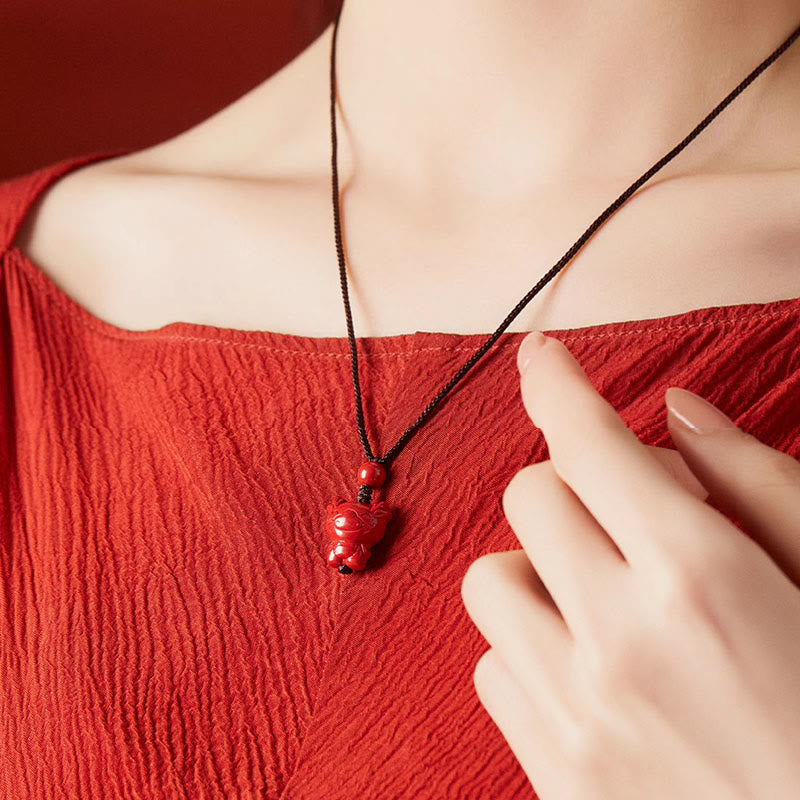 Wear FengShui Year Of The Horse Chinese Zodiac Engraved Design Cinnabar Blessing Rope Necklace Pendants