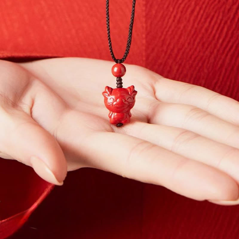 Wear FengShui Year Of The Horse Chinese Zodiac Engraved Design Cinnabar Blessing Rope Necklace Pendants